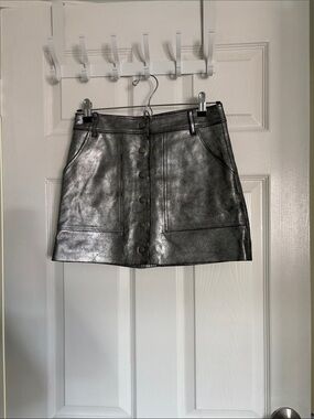 FRAME Metallic Silver Faux Leather Button-Front Mini Skirt